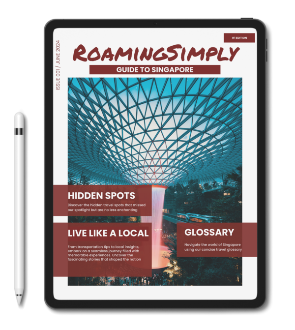 Cover of Roaming Simply's Guide to Singapore, featuring hidden spots, local living tips, and a travel glossary.