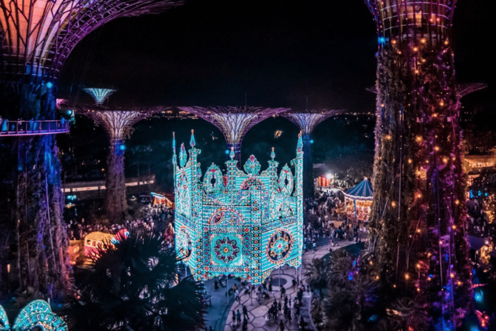 Christmas Wonderland event at Gardens by the Bay with festive light displays, game stalls, and performances.