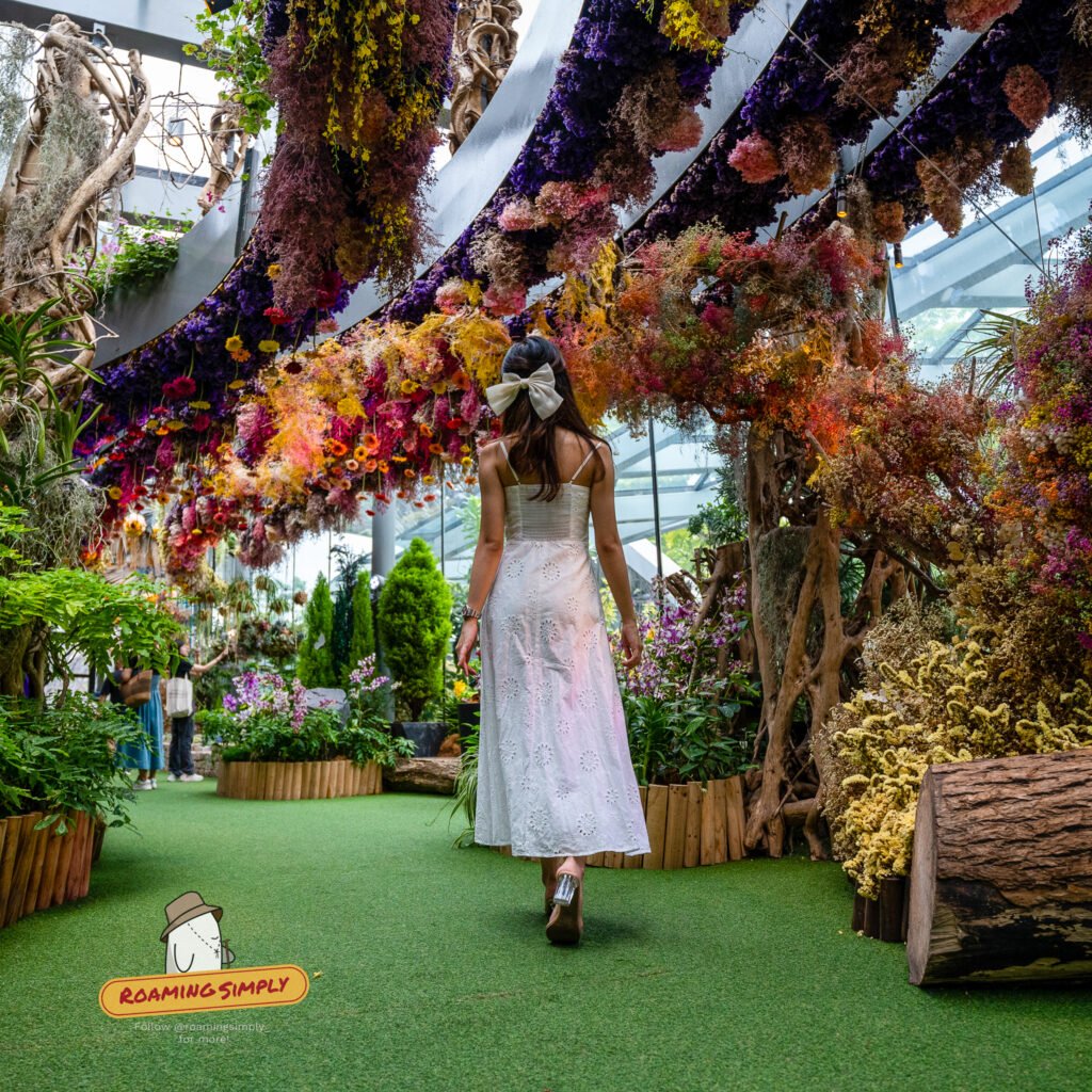 A photo shoot among hanging flowers in a conservatory