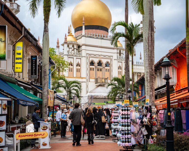 Bussorah Street leading to the golden dome of Sultan Mosque