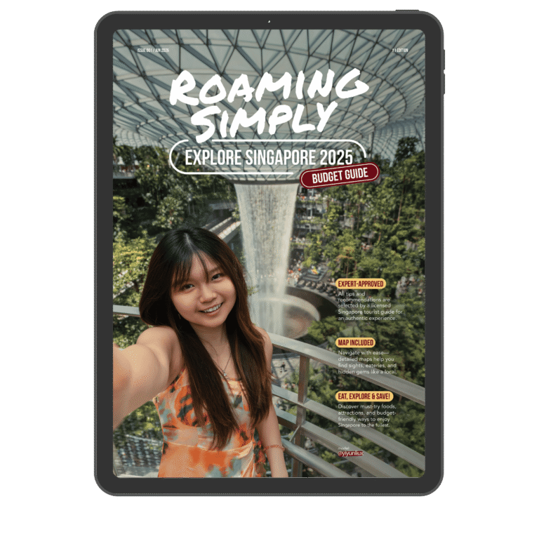Cover of the RoamingSimply Explore Singapore 2025 budget guide shown on a tablet