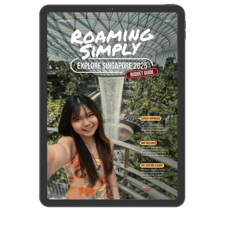 Cover of the RoamingSimply Explore Singapore 2025 budget guide shown on a tablet