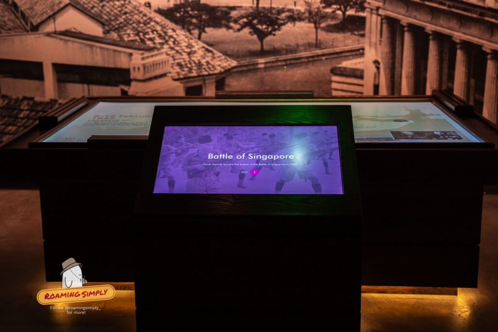 Interactive touchscreen mapping the Battle of Singapore inside a gallery at Fort Canning Park, Singapore