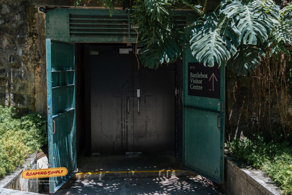 Green steel blast doors marking the Battlebox Visitor Centre entrance at Fort Canning Park