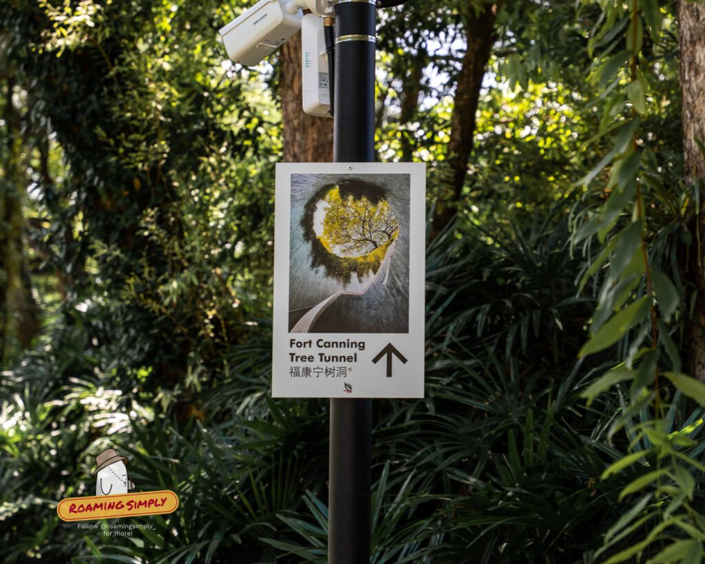 Directional signpost pointing the way to the Fort Canning Tree Tunnel at Fort Canning Park, Singapore