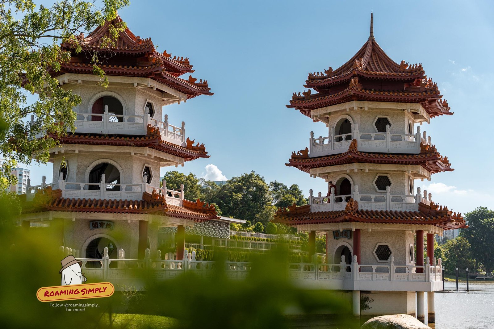 The iconic Twin Pagodas overlooking the lake at the Chinese Garden, Jurong Lake Gardens Singapore