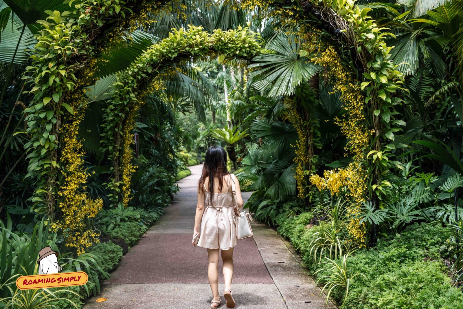 A visitor walking beneath the Golden Shower Archway, a tunnel of cascading yellow orchids, at the National Orchid Garden