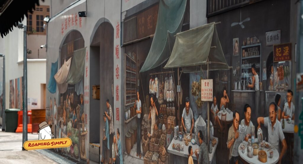 Painted mural of old market stalls and a coffee shop on a shophouse wall, with a narrow lane running alongside