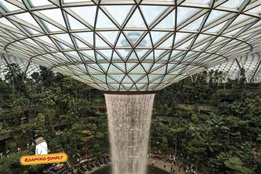 The HSBC Rain Vortex indoor waterfall under the glass dome at Jewel Changi Airport, Singapore